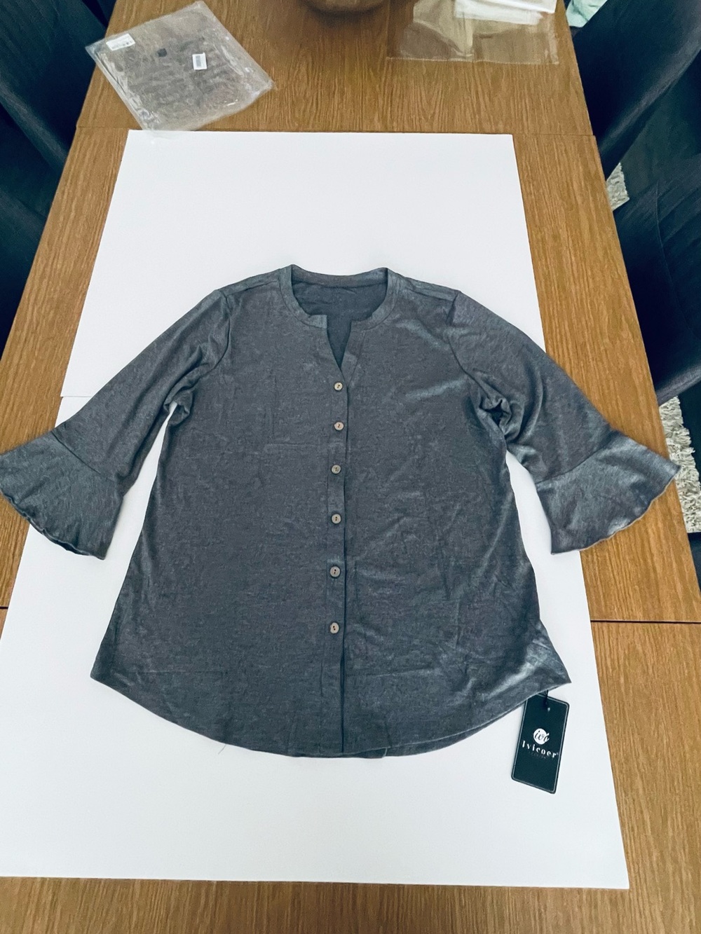Ivicoer Charcoal Ruffle-Sleeve Button Down Top